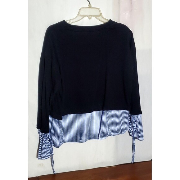 Layered Look Pinstriped Sweater Size L Mixed Media Wrist Tie Detail Chic - Picture 6 of 16